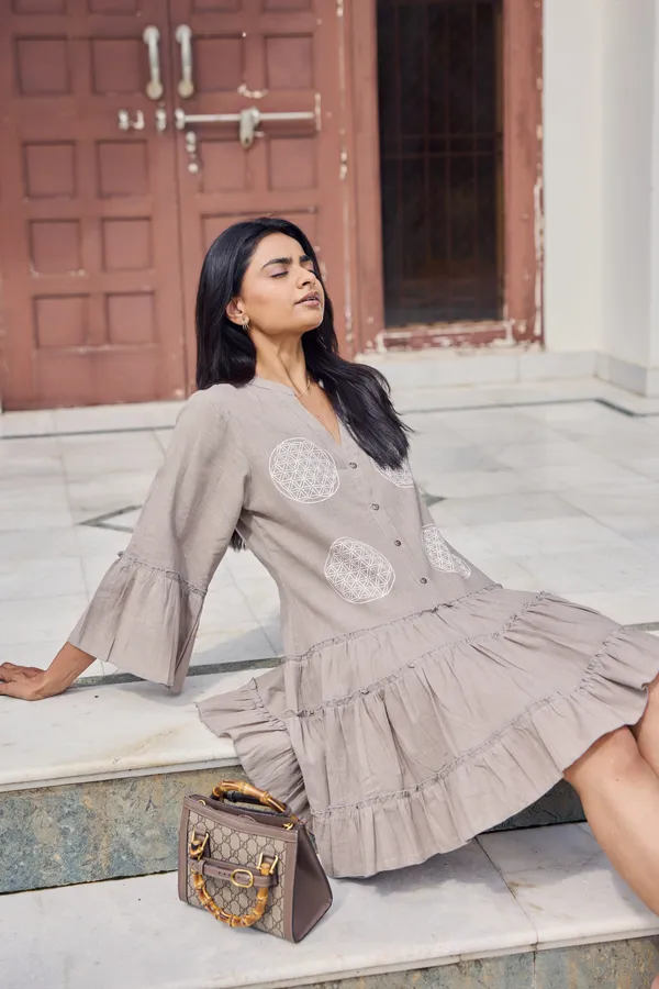 Beige_Cotton_Slub_Relaxed_Fit_Embroidered_Tiered_Dress_For_Women