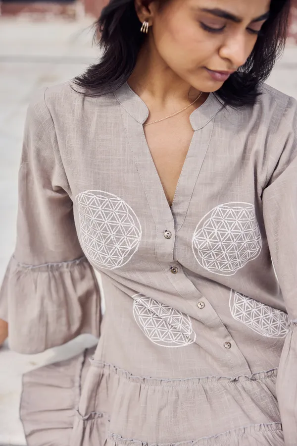 Beige_Cotton_Slub_Relaxed_Fit_Embroidered_Tiered_Dress_For_Women