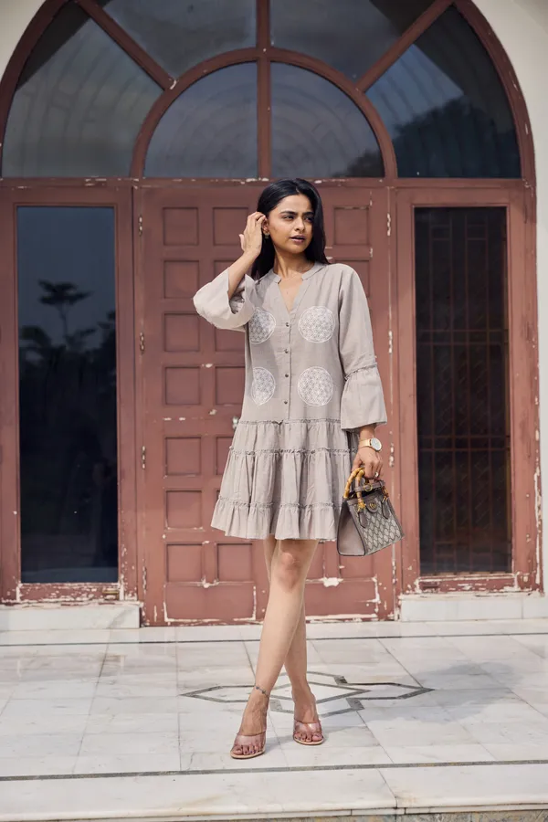 Beige_Cotton_Slub_Relaxed_Fit_Embroidered_Tiered_Dress_For_Women