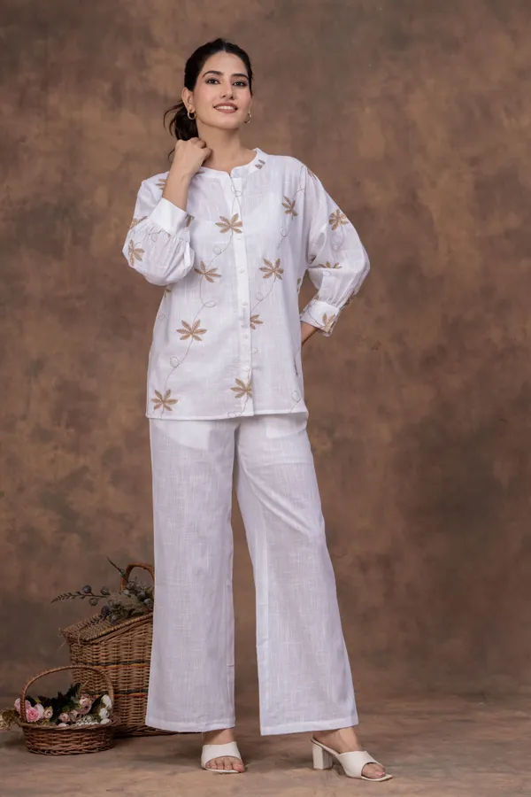 White_Cotton_Slub_Straight_Fit_Embroidered_Kurta_Co-Ord_Set_For_Women