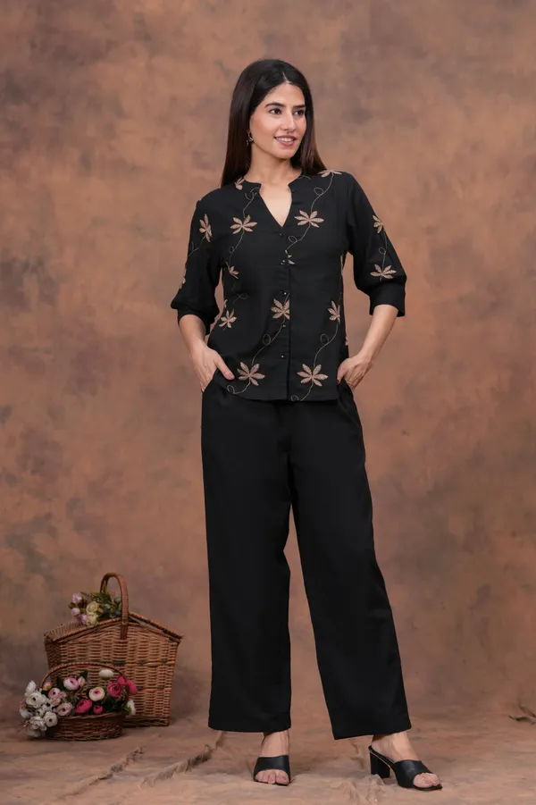 Black_Cotton_Slub_Relaxed_Fit_Floral_Embroidered_Co-Ord_Set_For_Women