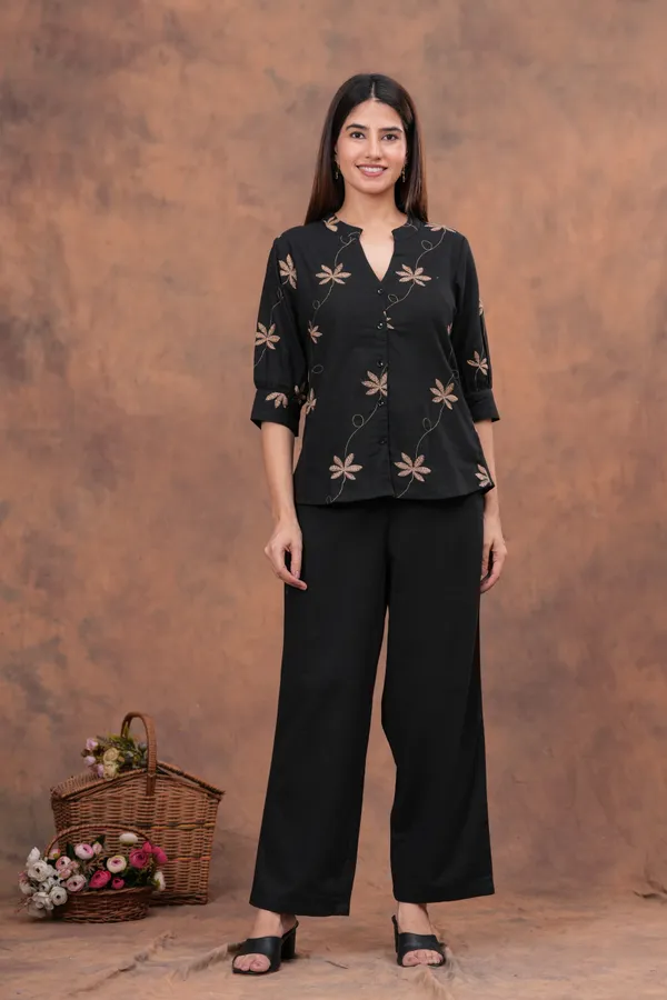 Black_Cotton_Slub_Relaxed_Fit_Floral_Embroidered_Co-Ord_Set_For_Women
