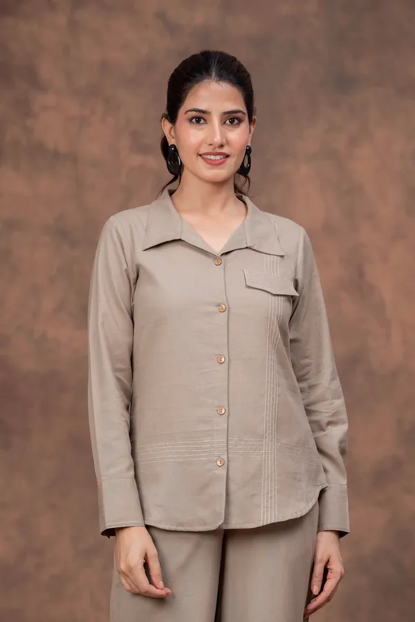 Beige_Cotton_Flex_Relaxed_Fit_Shirt_Co-Ord_Set_For_Women