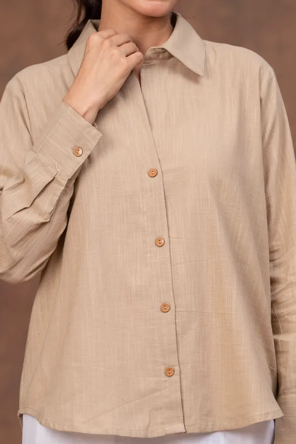 Beige_Cotton_Slub_Relaxed_Fit_Button-Down_Shirt_For_Women