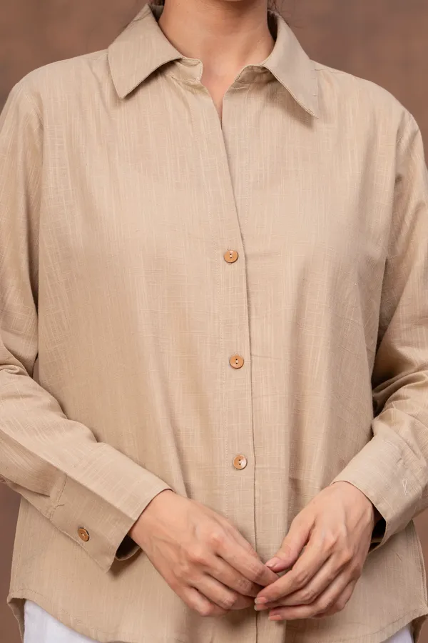 Beige_Cotton_Slub_Relaxed_Fit_Button-Down_Shirt_For_Women