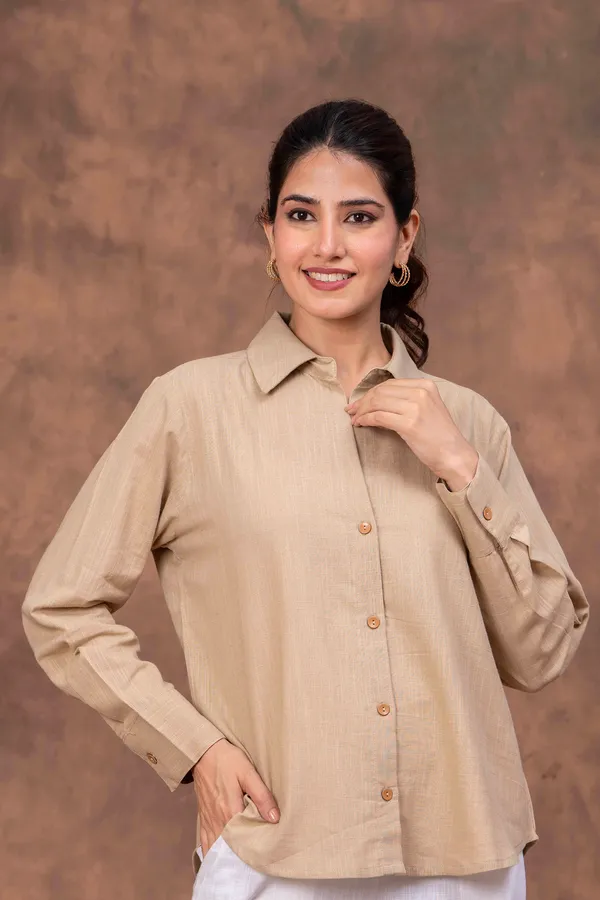 Beige_Cotton_Slub_Relaxed_Fit_Button-Down_Shirt_For_Women