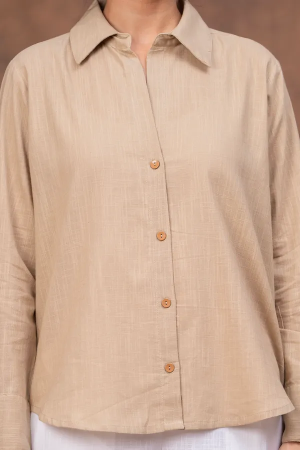 Beige_Cotton_Slub_Relaxed_Fit_Button-Down_Shirt_For_Women