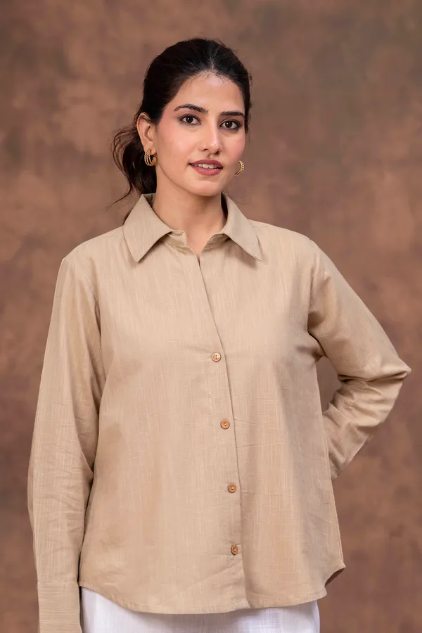 Beige_Cotton_Slub_Relaxed_Fit_Button-Down_Shirt_For_Women