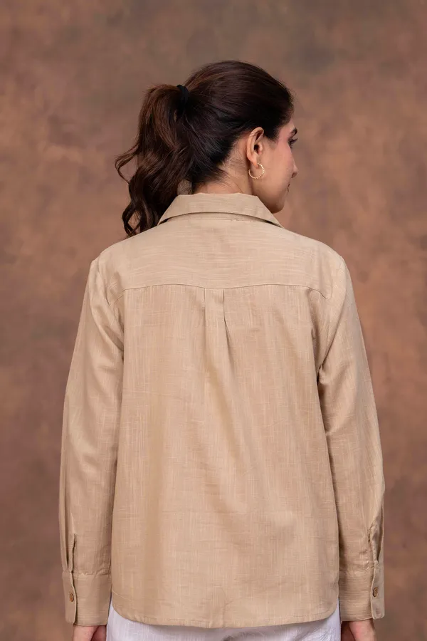 Beige_Cotton_Slub_Relaxed_Fit_Button-Down_Shirt_For_Women