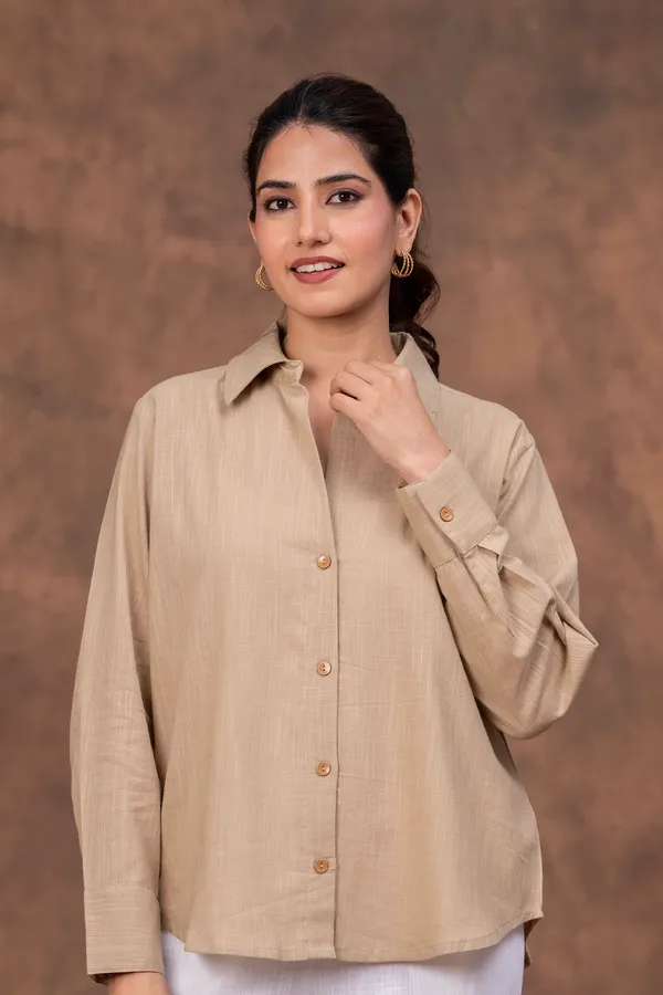 Beige_Cotton_Slub_Relaxed_Fit_Button-Down_Shirt_For_Women