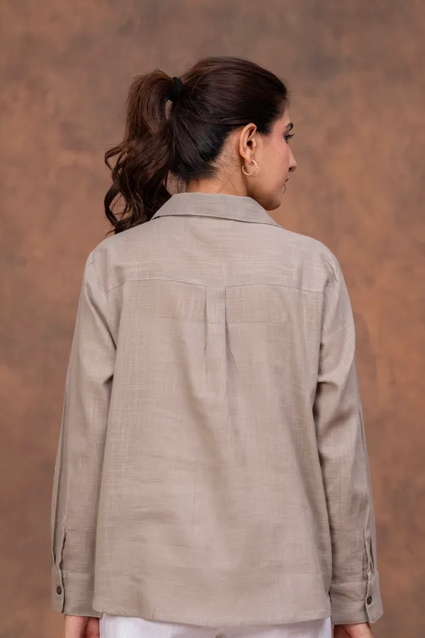 Grey_Cotton_Slub_Regular_Fit_Button-Down_Shirt_For_Women