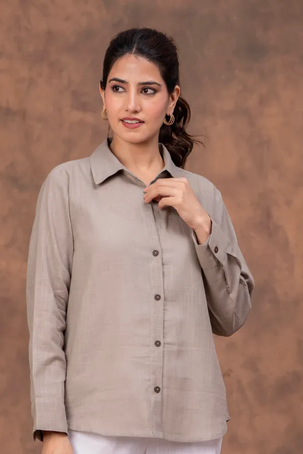 Grey_Cotton_Slub_Regular_Fit_Button-Down_Shirt_For_Women