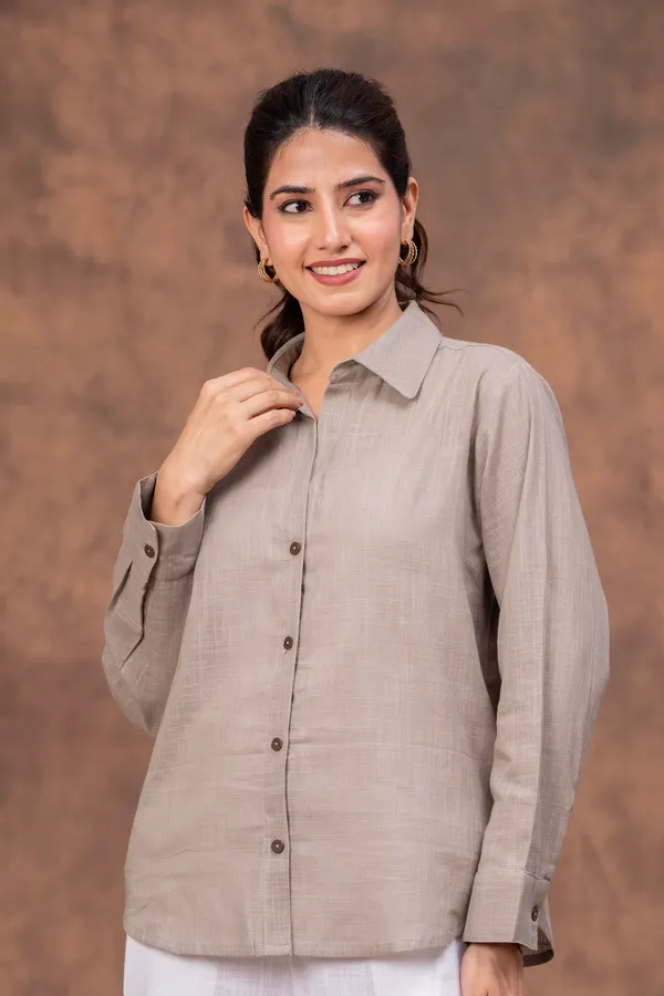 Grey_Cotton_Slub_Regular_Fit_Button-Down_Shirt_For_Women