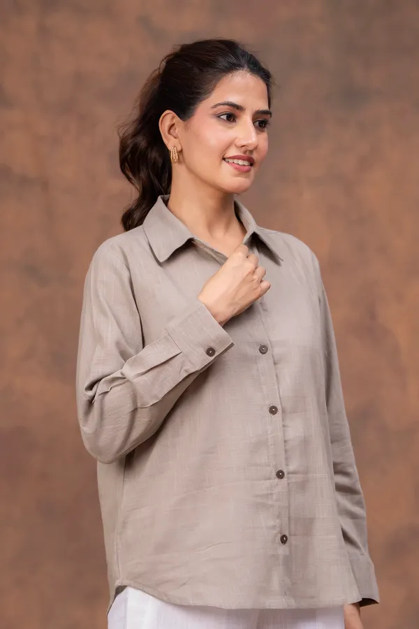 Grey_Cotton_Slub_Regular_Fit_Button-Down_Shirt_For_Women