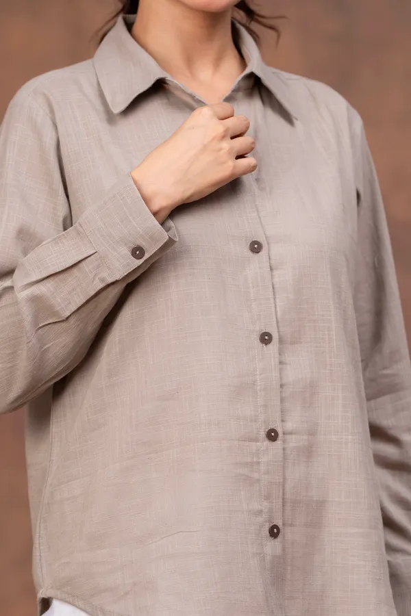 Grey_Cotton_Slub_Regular_Fit_Button-Down_Shirt_For_Women