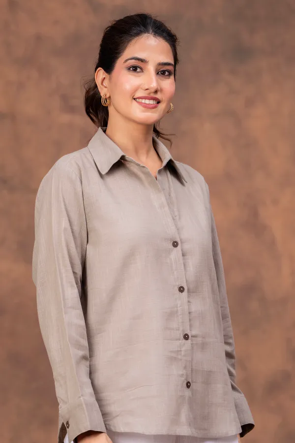 Grey_Cotton_Slub_Regular_Fit_Button-Down_Shirt_For_Women