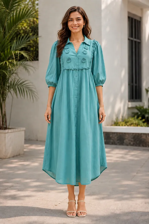 Teal_Blue_Cotton_A-Line_Puff_Sleeve_Button_Front_Dress_For_Women