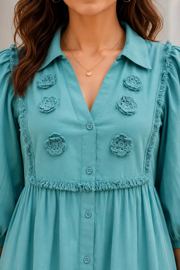 Teal_Blue_Cotton_A-Line_Puff_Sleeve_Button_Front_Dress_For_Women