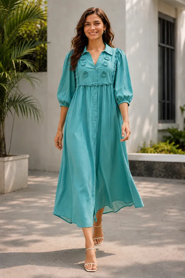 Teal_Blue_Cotton_A-Line_Puff_Sleeve_Button_Front_Dress_For_Women