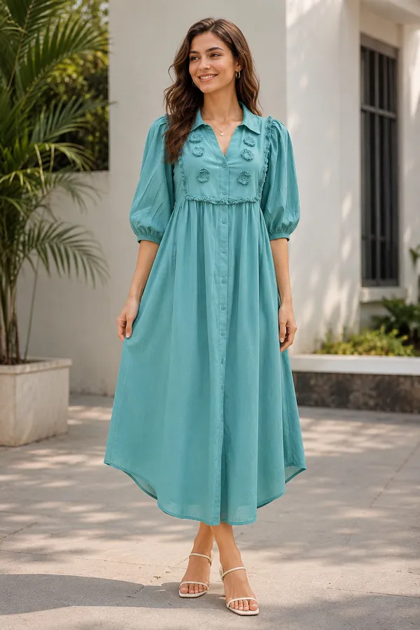 Teal_Blue_Cotton_A-Line_Puff_Sleeve_Button_Front_Dress_For_Women