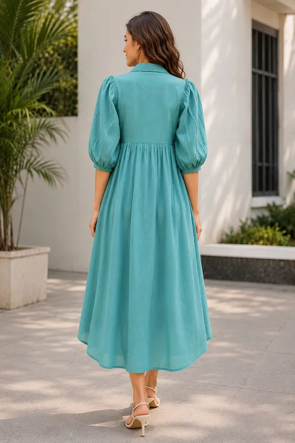 Teal_Blue_Cotton_A-Line_Puff_Sleeve_Button_Front_Dress_For_Women