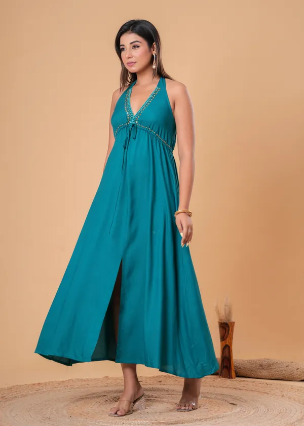Teal_Halter_Maxi_Dress_For_Women