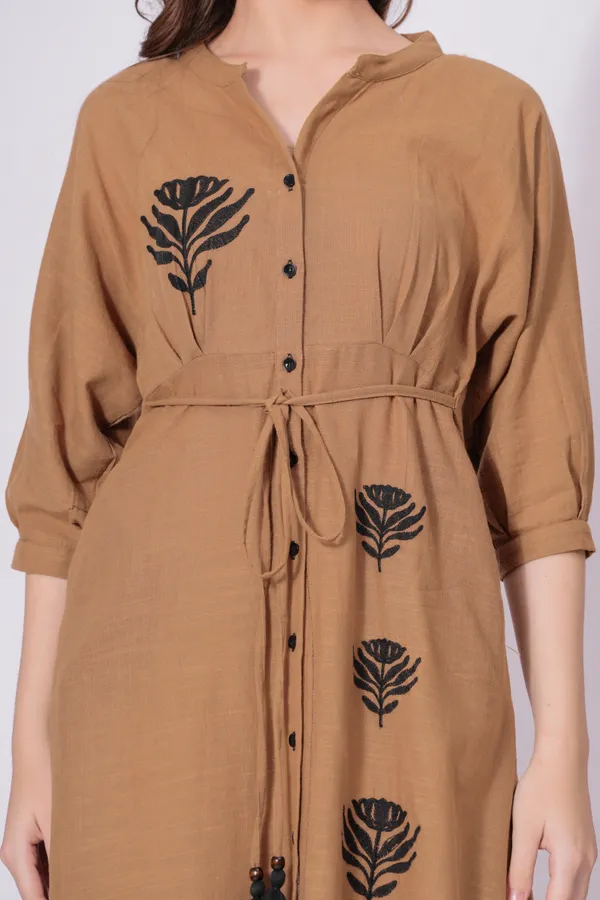 Brown_Printed_Tie-Waist_Midi_Dress_For_Women