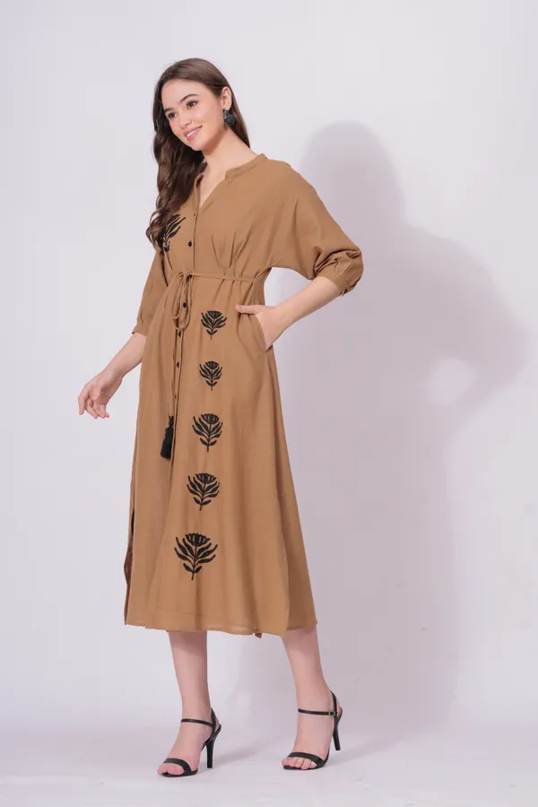 Brown_Printed_Tie-Waist_Midi_Dress_For_Women