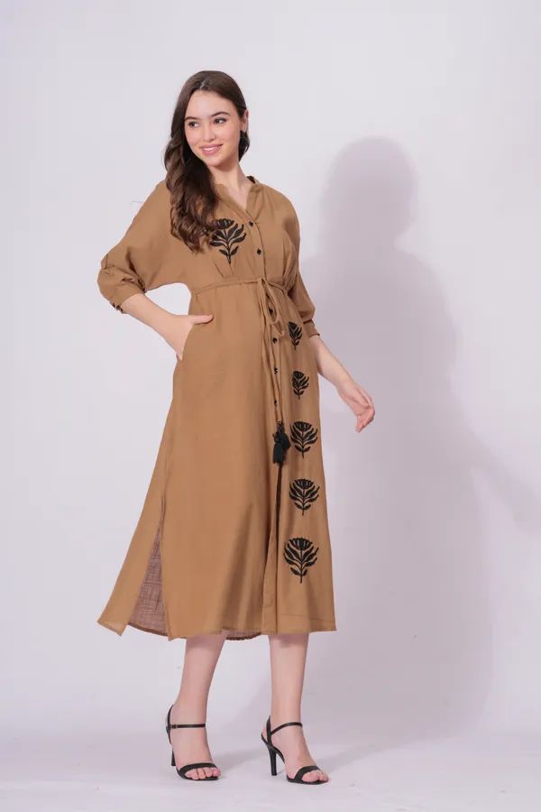 Brown_Printed_Tie-Waist_Midi_Dress_For_Women