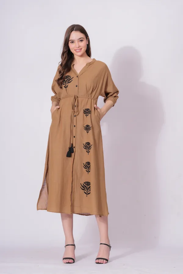 Brown_Printed_Tie-Waist_Midi_Dress_For_Women