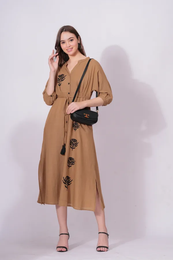 Brown_Printed_Tie-Waist_Midi_Dress_For_Women