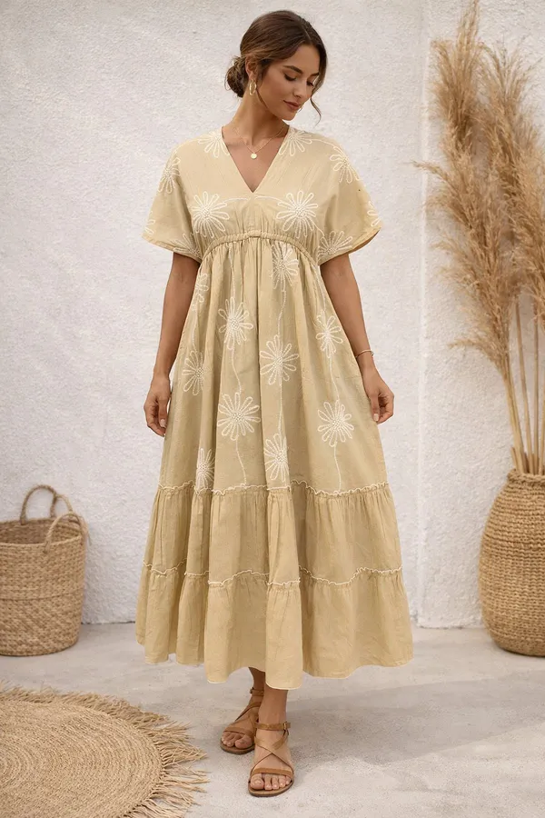 Beige_Embroidered_Tiered_Dress_For_Women