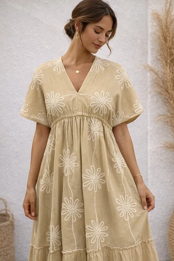 Beige_Embroidered_Tiered_Dress_For_Women