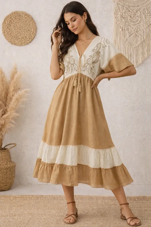 Beige_Woven_Relaxed_Fit_Midi_Dress_For_Women