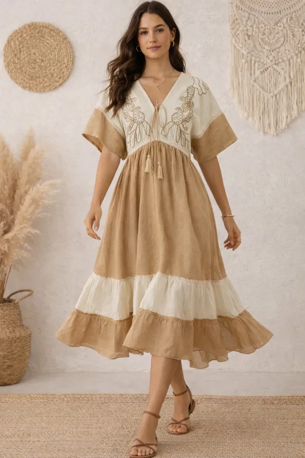 Beige_Woven_Relaxed_Fit_Midi_Dress_For_Women