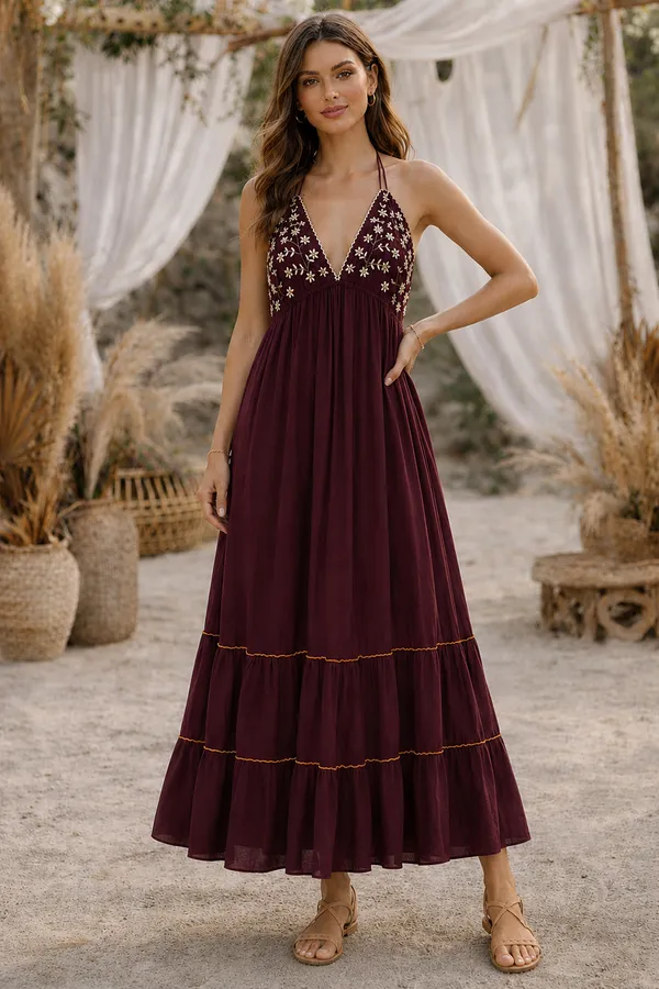 Burgundy_Embroidered_Halter_Maxi_Dress_For_Women