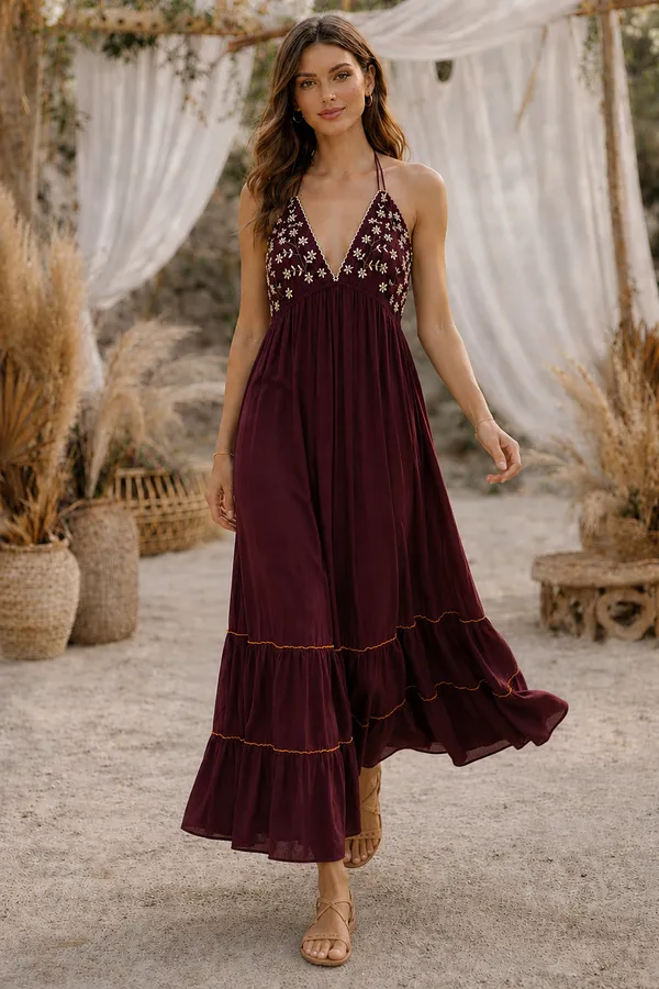 Burgundy_Embroidered_Halter_Maxi_Dress_For_Women