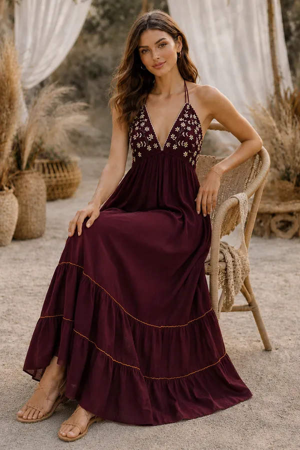 Burgundy_Embroidered_Halter_Maxi_Dress_For_Women