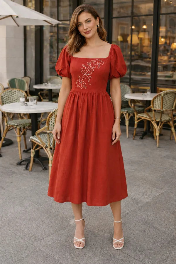 Rust_Floral_Embroidered_Square_Neck_Midi_Dress_For_Women