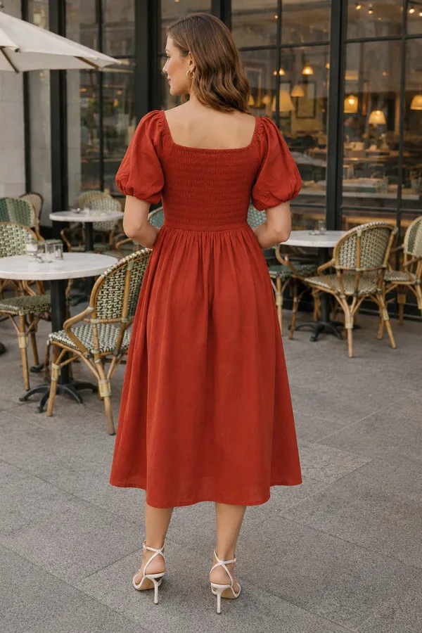 Rust_Floral_Embroidered_Square_Neck_Midi_Dress_For_Women
