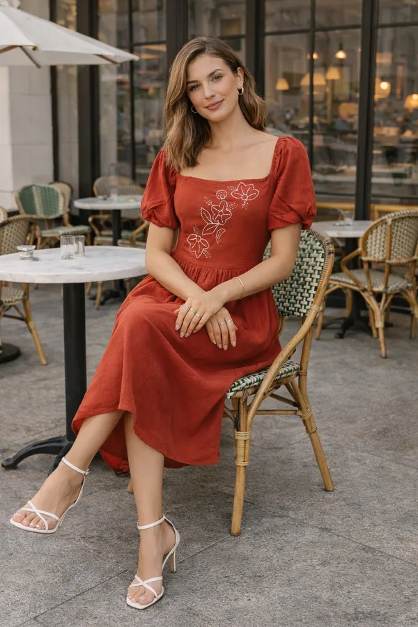 Rust_Floral_Embroidered_Square_Neck_Midi_Dress_For_Women