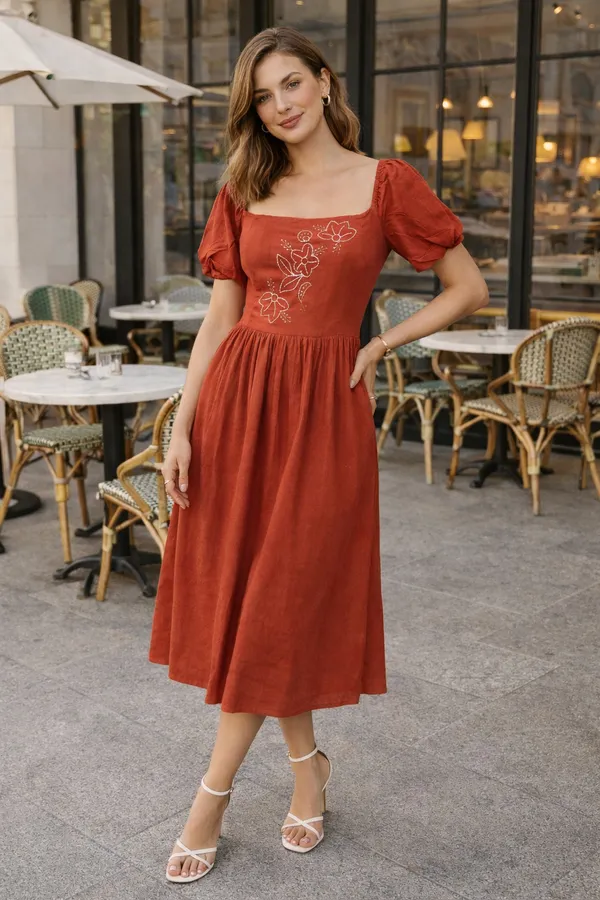 Rust_Floral_Embroidered_Square_Neck_Midi_Dress_For_Women