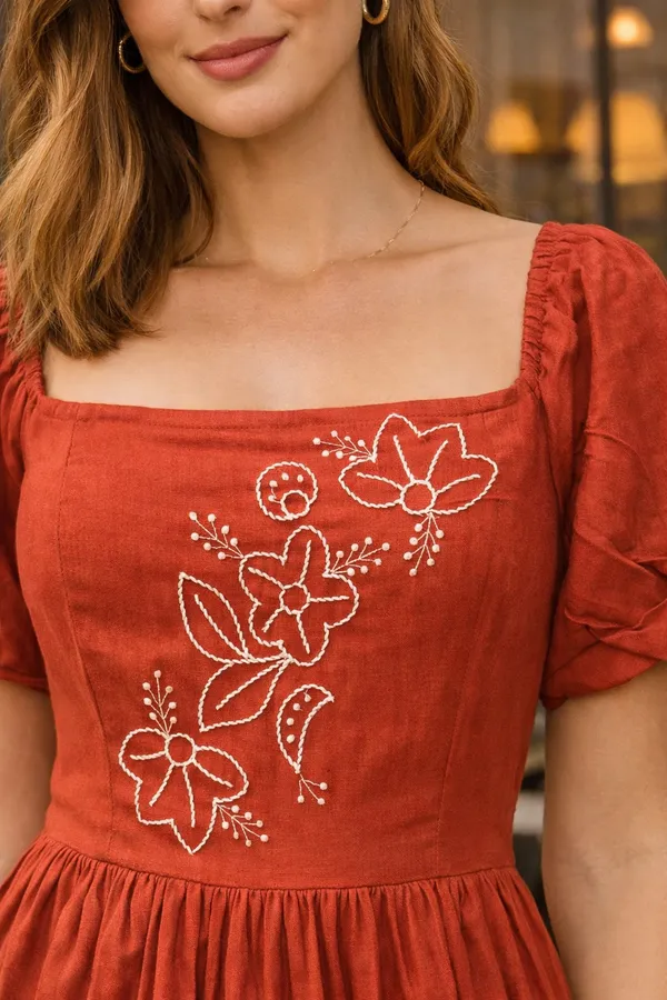 Rust_Floral_Embroidered_Square_Neck_Midi_Dress_For_Women