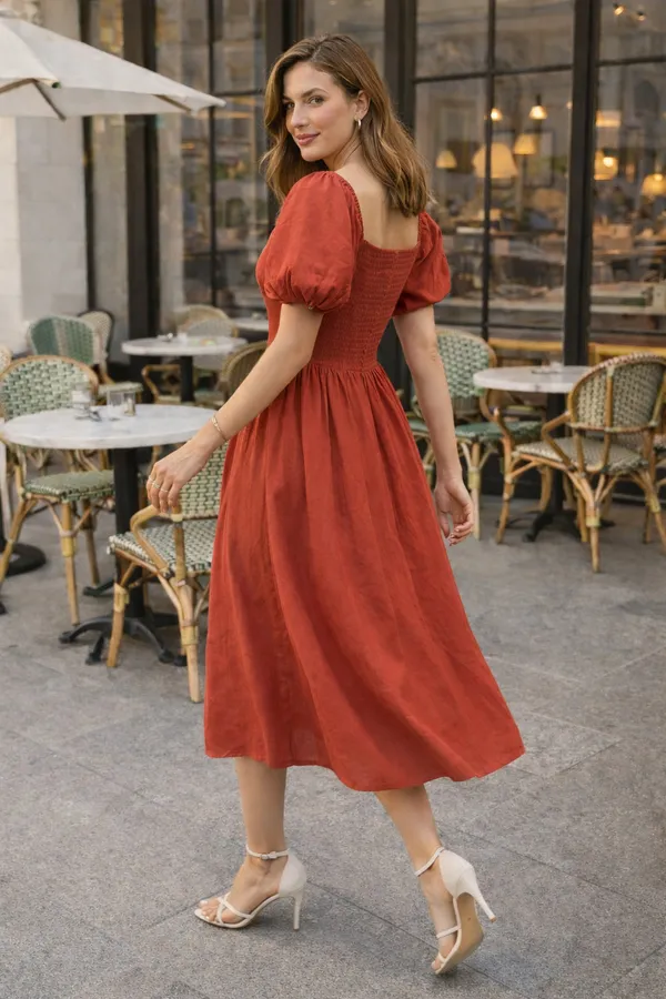 Rust_Floral_Embroidered_Square_Neck_Midi_Dress_For_Women