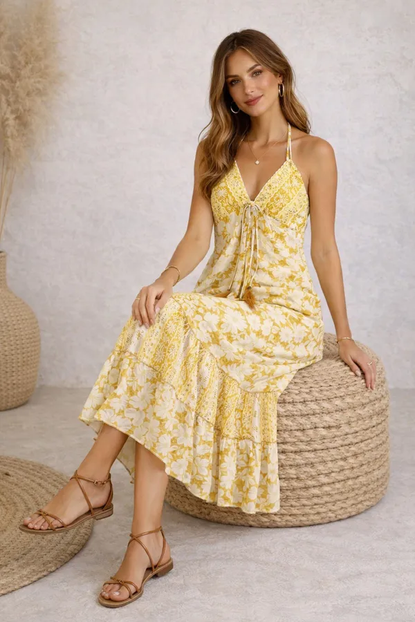 Yellow_Floral_Print_Tie_Front_Midi_Dress_For_Women