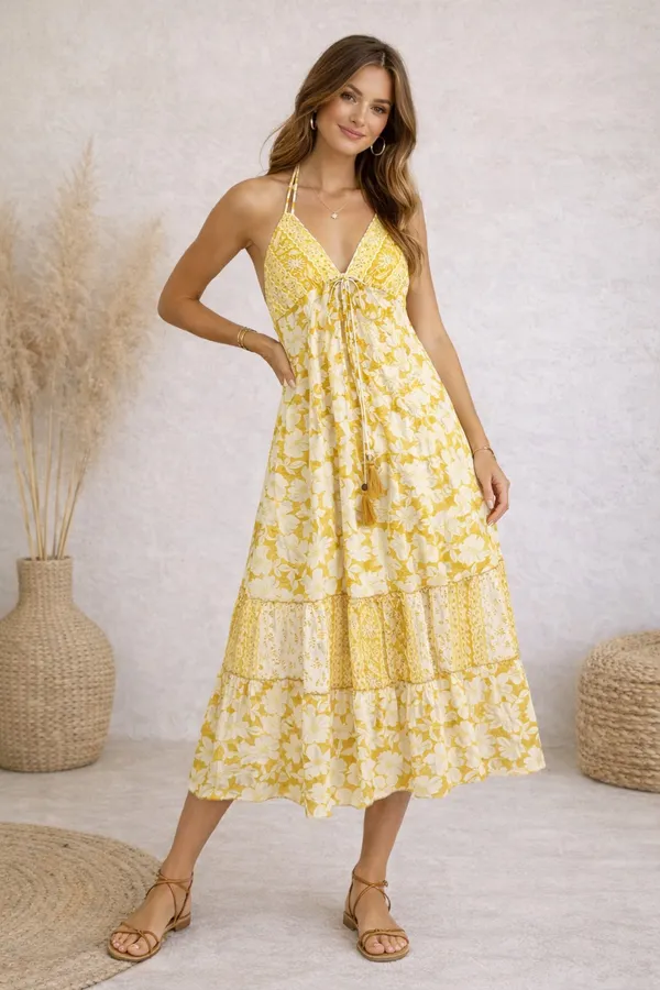 Yellow_Floral_Print_Tie_Front_Midi_Dress_For_Women
