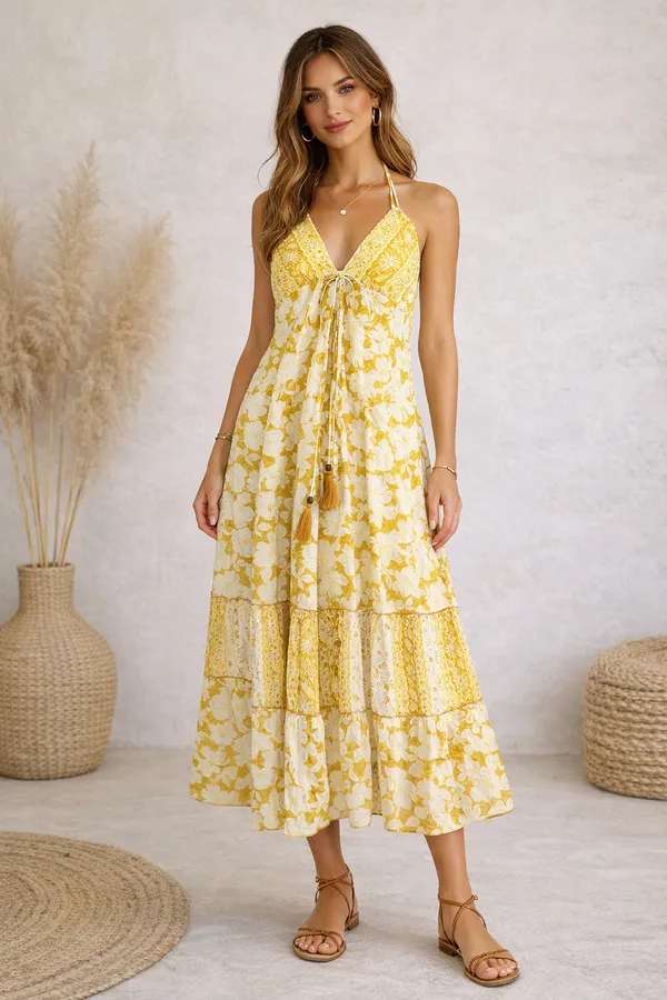 Yellow_Floral_Print_Tie_Front_Midi_Dress_For_Women