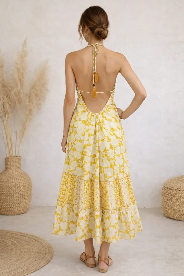 Yellow_Floral_Print_Tie_Front_Midi_Dress_For_Women