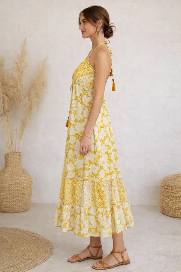 Yellow_Floral_Print_Tie_Front_Midi_Dress_For_Women