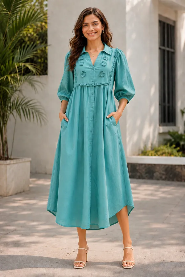 Green_Blue_Striped_Belted_Shirt_Dress_For_Women